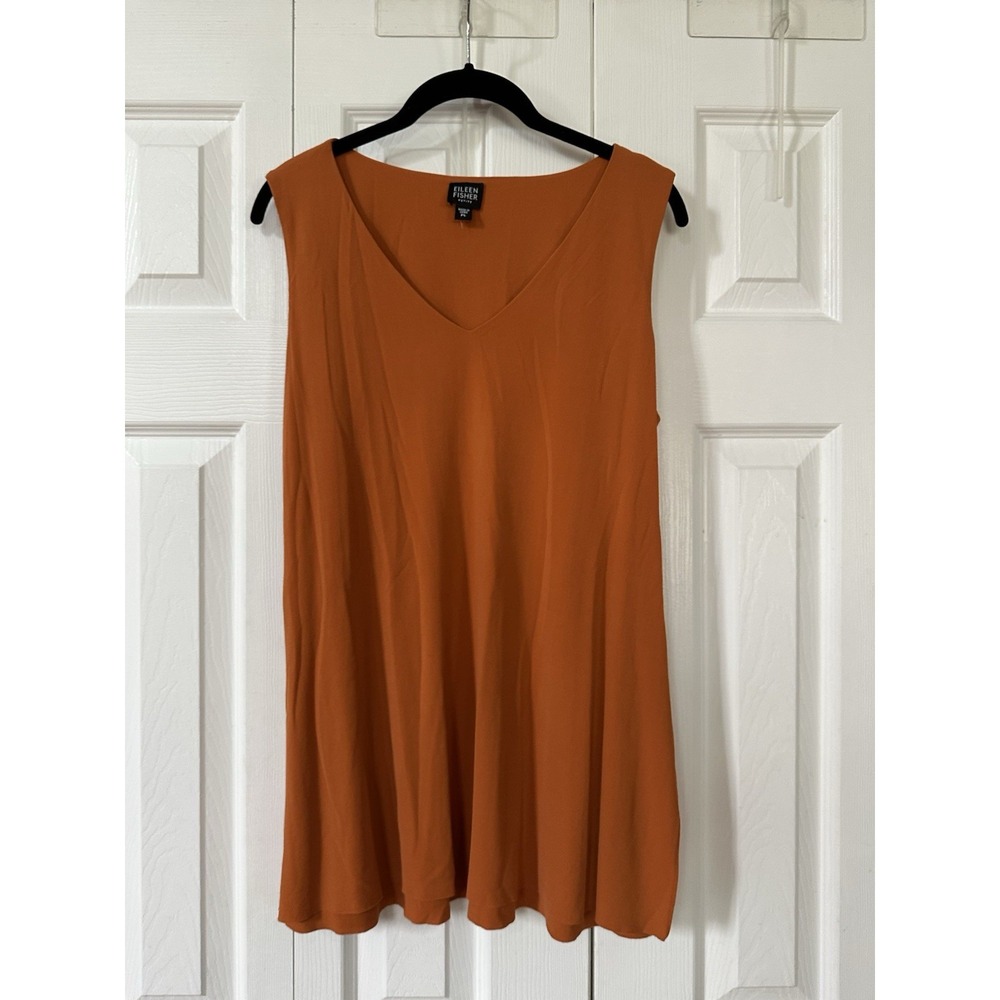 Eileen Fisher Rust Orange 100% Silk V-Neck Sleeveless Tunic Top PLarge